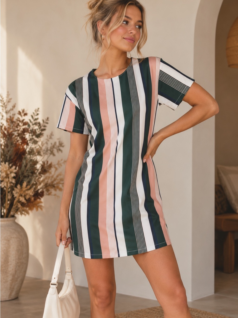 Boohoo Striped Round Neck Short Sleeve Shift Mini Dress Zipper Size US 8